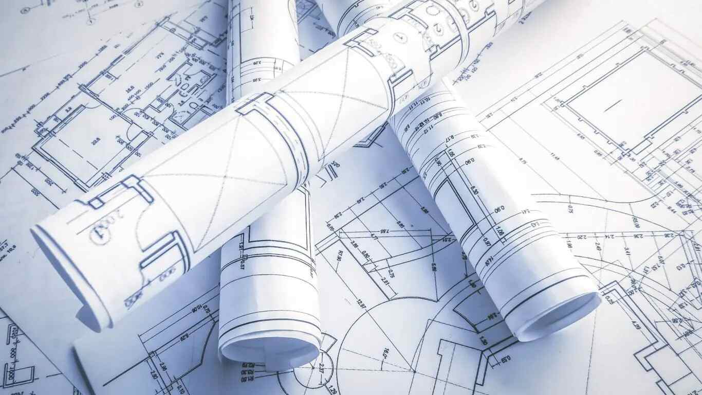 Detailed 2D CAD construction drawing with plans, dimensions and technical annotations