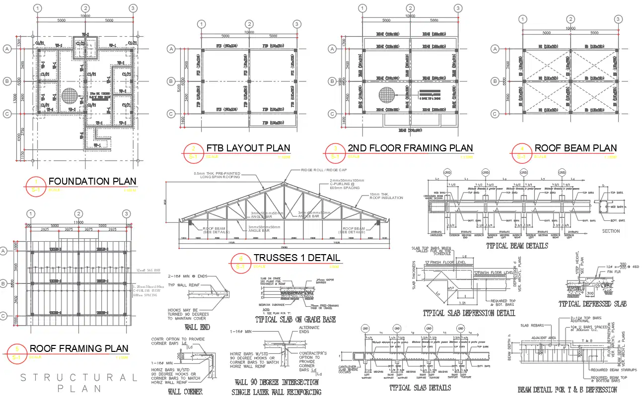 Structural CAD drawing set showing foundation plans, framing plans and construction details