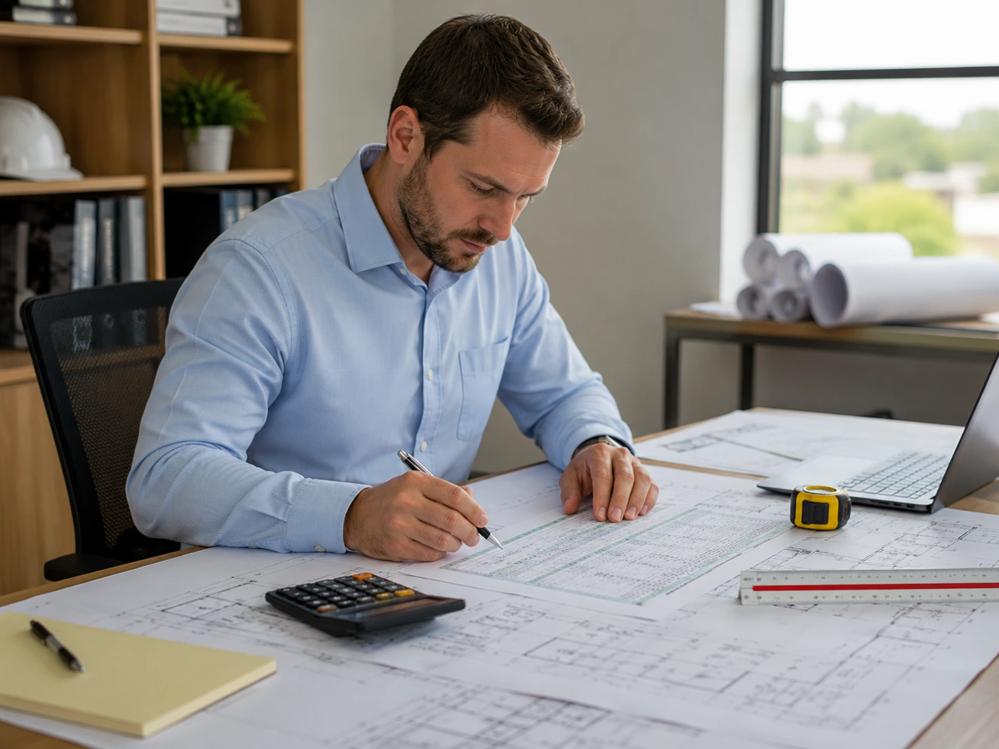 Construction estimator reviewing project drawings and preparing a detailed cost estimate