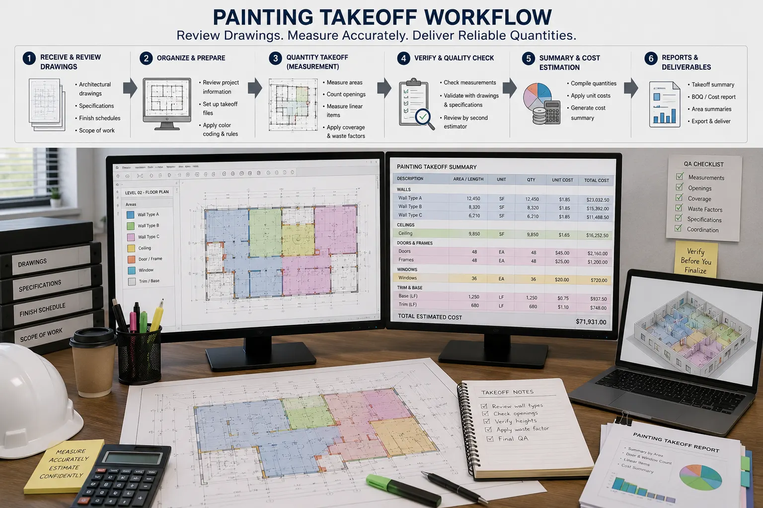 Painting takeoff workflow reviewing construction drawings and quantity information