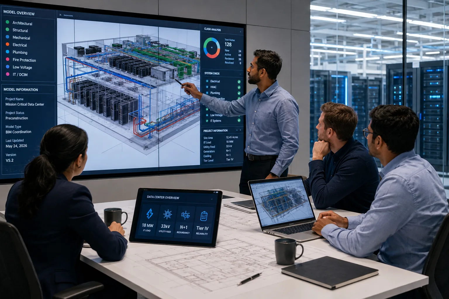 Mission critical preconstruction team reviewing data center BIM and project information