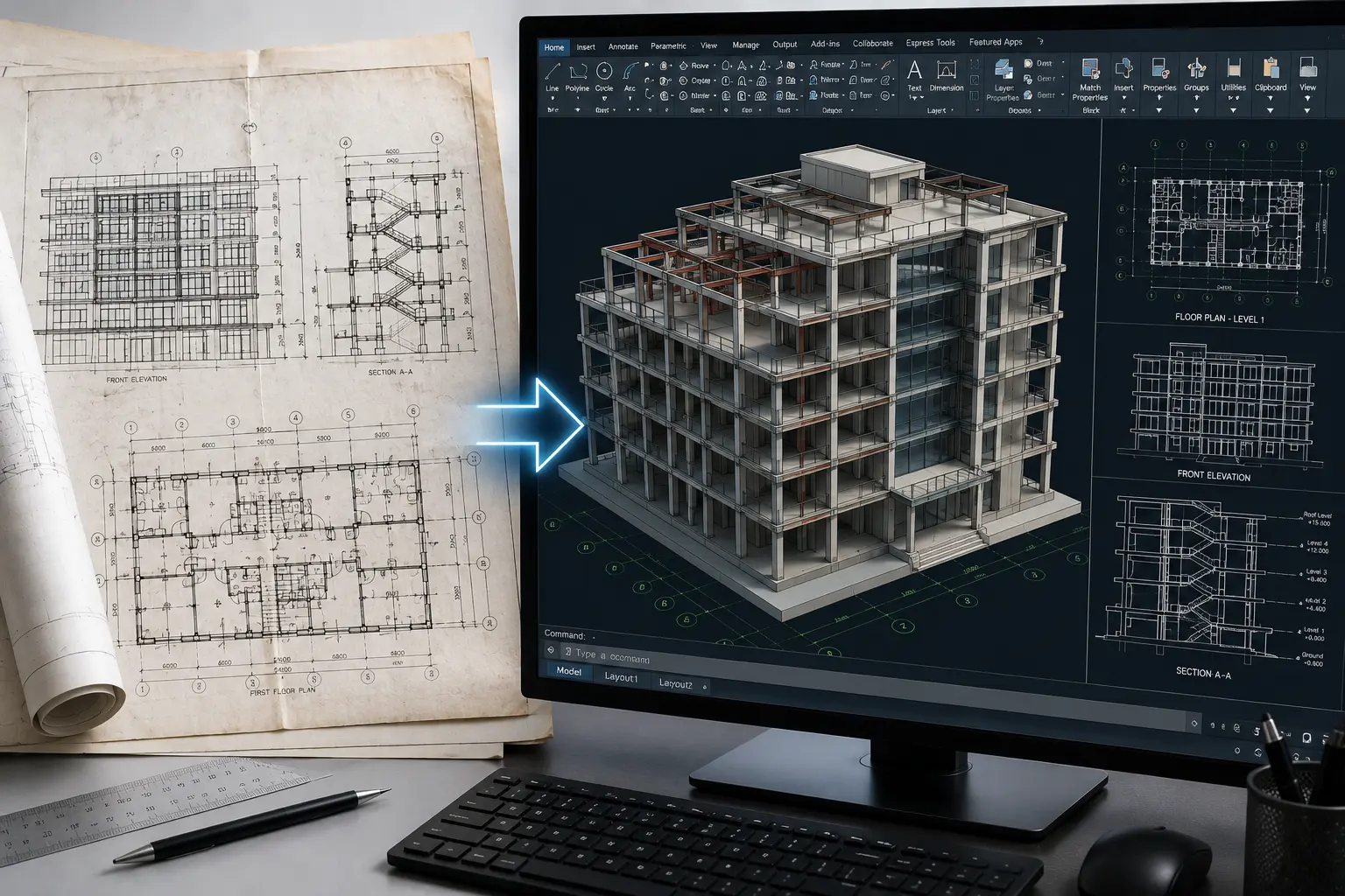 CAD conversion services showing technical drawings converted into editable digital CAD files