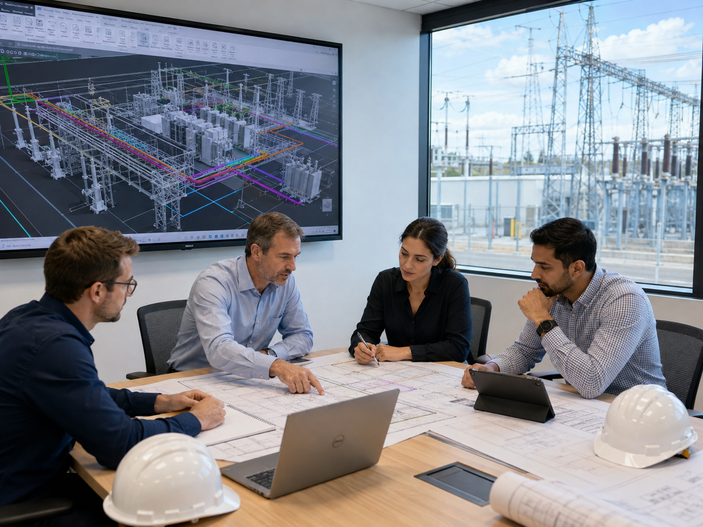 Energy infrastructure preconstruction team reviewing power utility BIM and project information