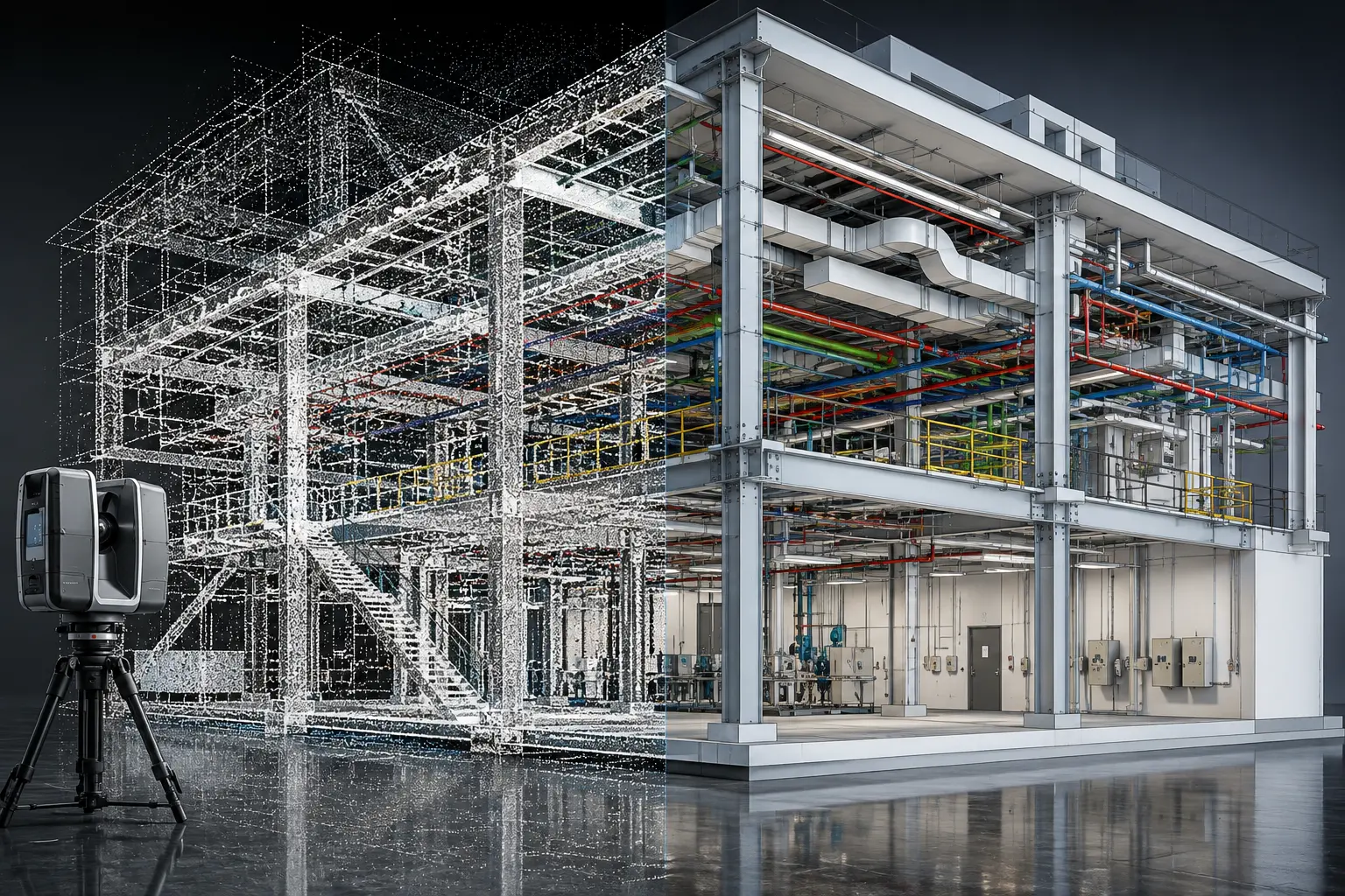 Scan to BIM workflow showing point cloud data compared with a coordinated Revit building model