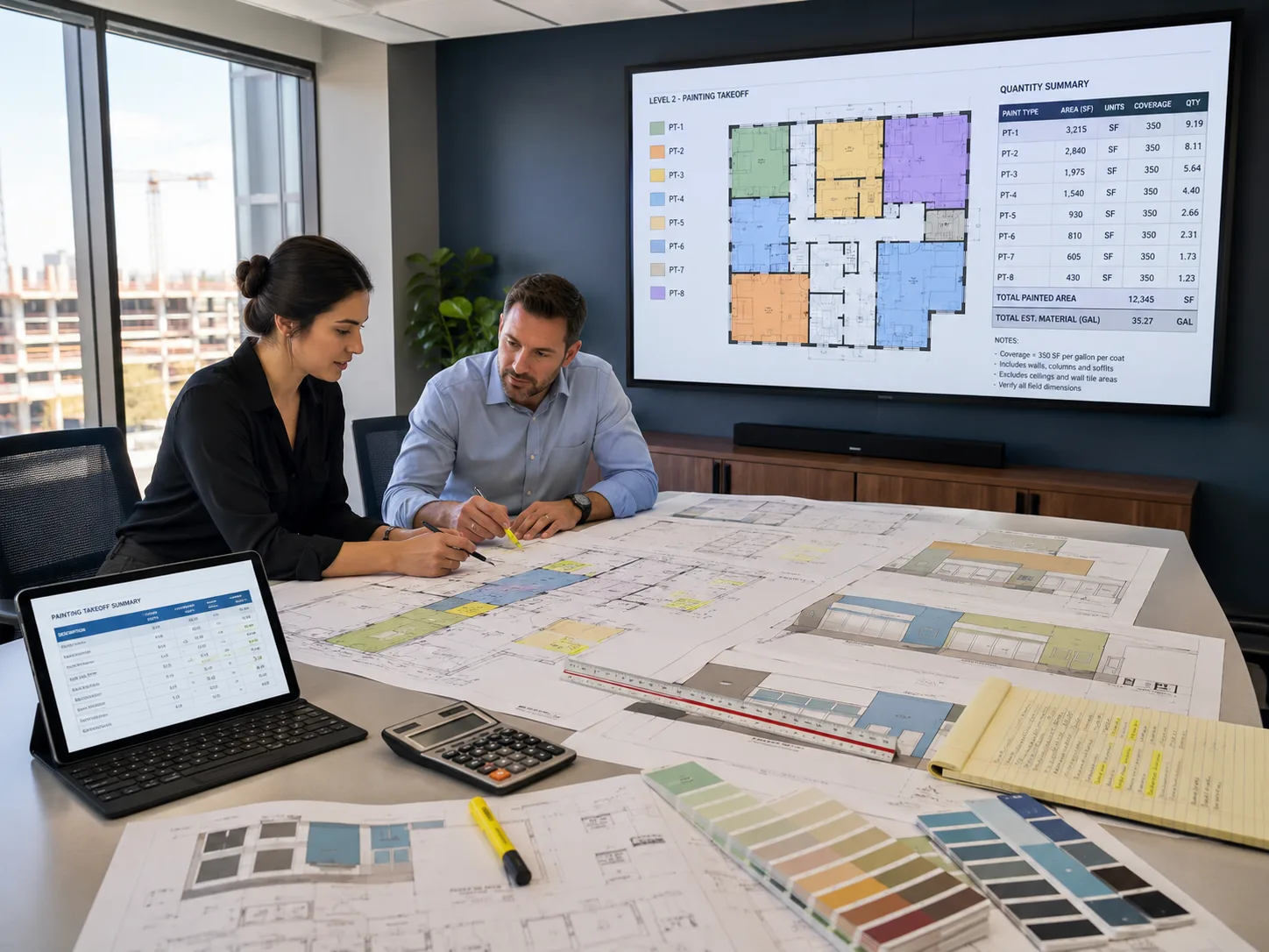 Painting takeoff workflow with construction drawings and quantity review