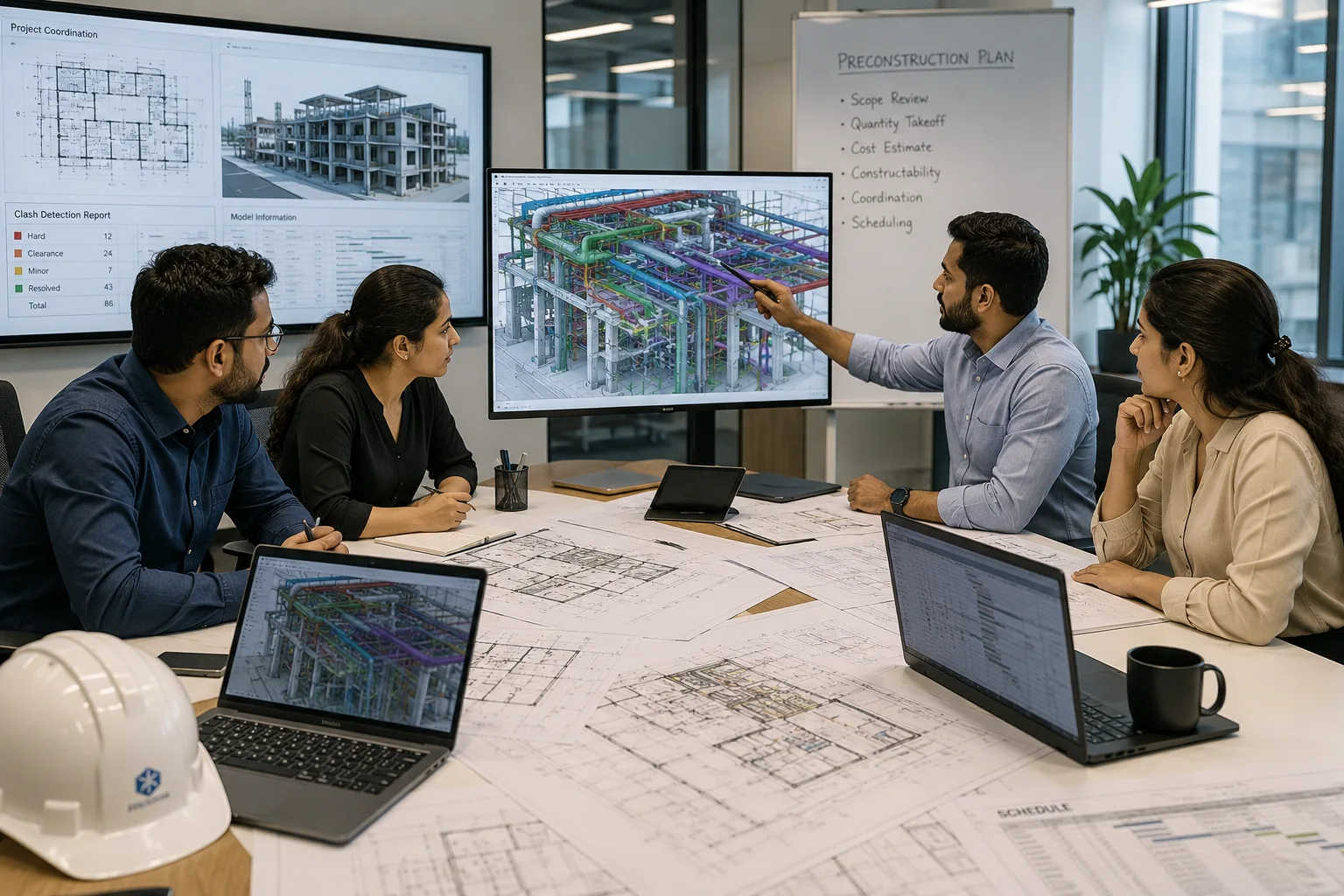 Preconstruction team reviewing technical project drawings and BIM information