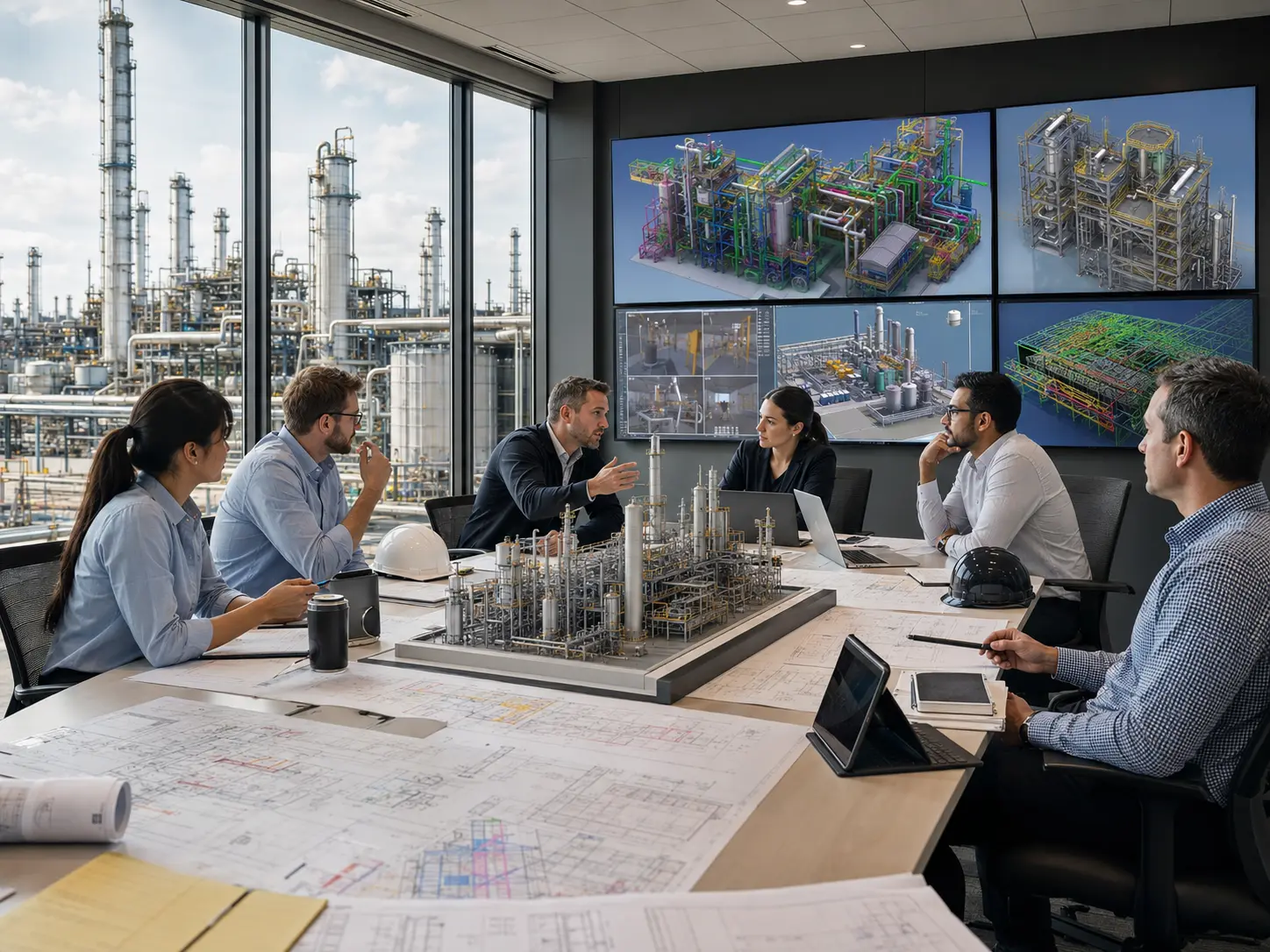 Petro-Chemical preconstruction team reviewing process plant BIM and project information