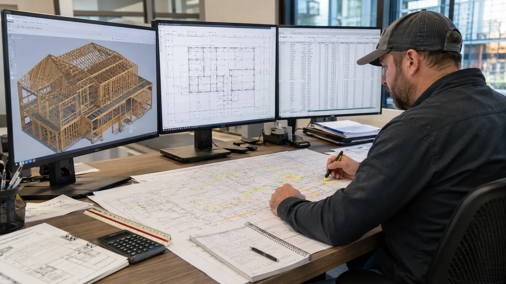 Construction estimating team reviewing lumber framing drawings and material takeoff quantities