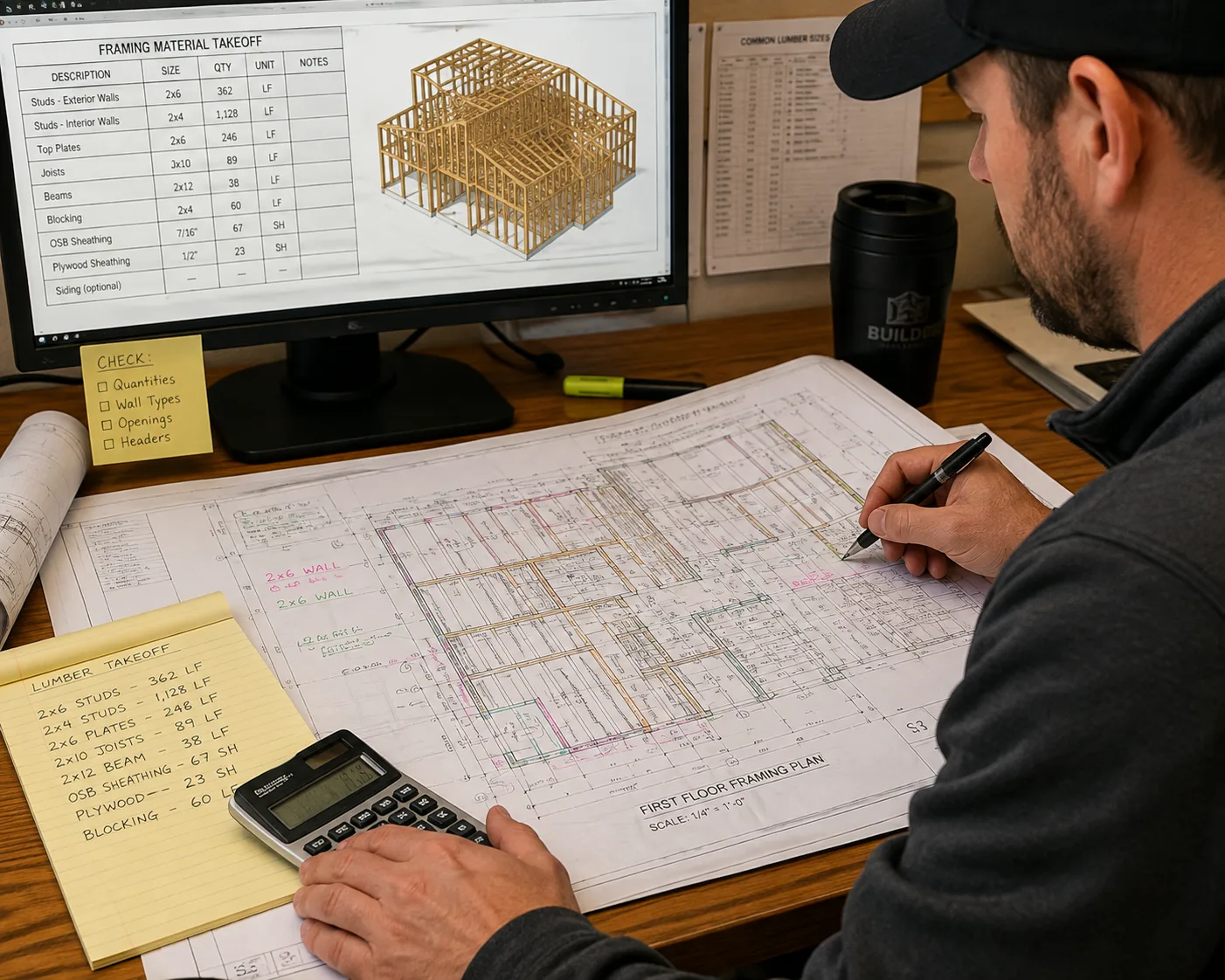 Construction estimator reviewing lumber framing plans and wood material quantities