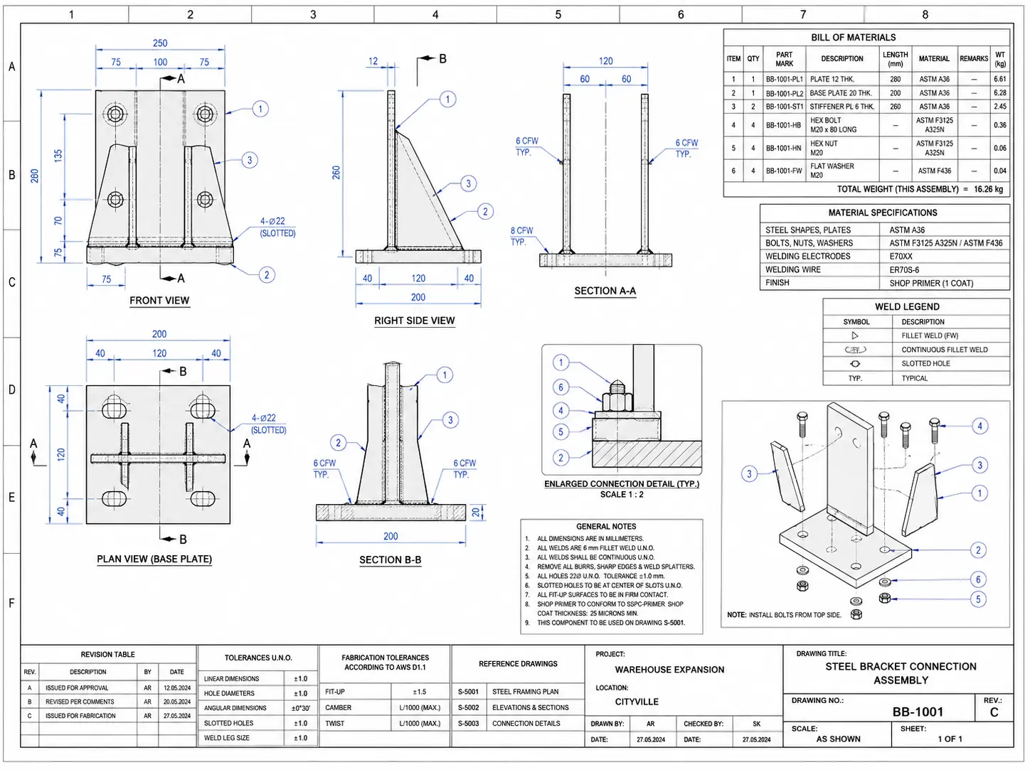 Fabrication shop drawings showing component dimensions assembly details and technical production information