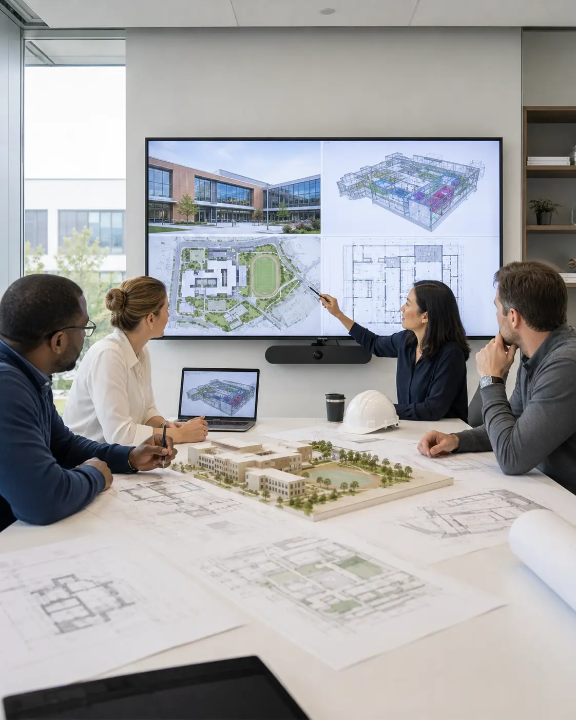Institutional preconstruction team reviewing educational construction project information