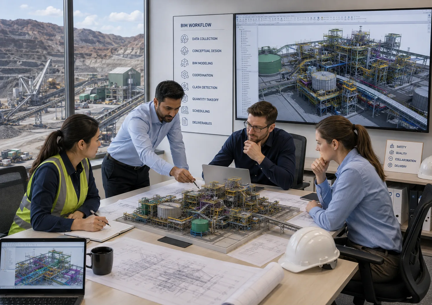 Mining preconstruction team reviewing mineral processing BIM and project information