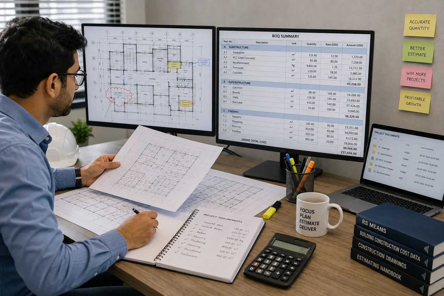 Construction professional reviewing project requirements for BOQ estimation