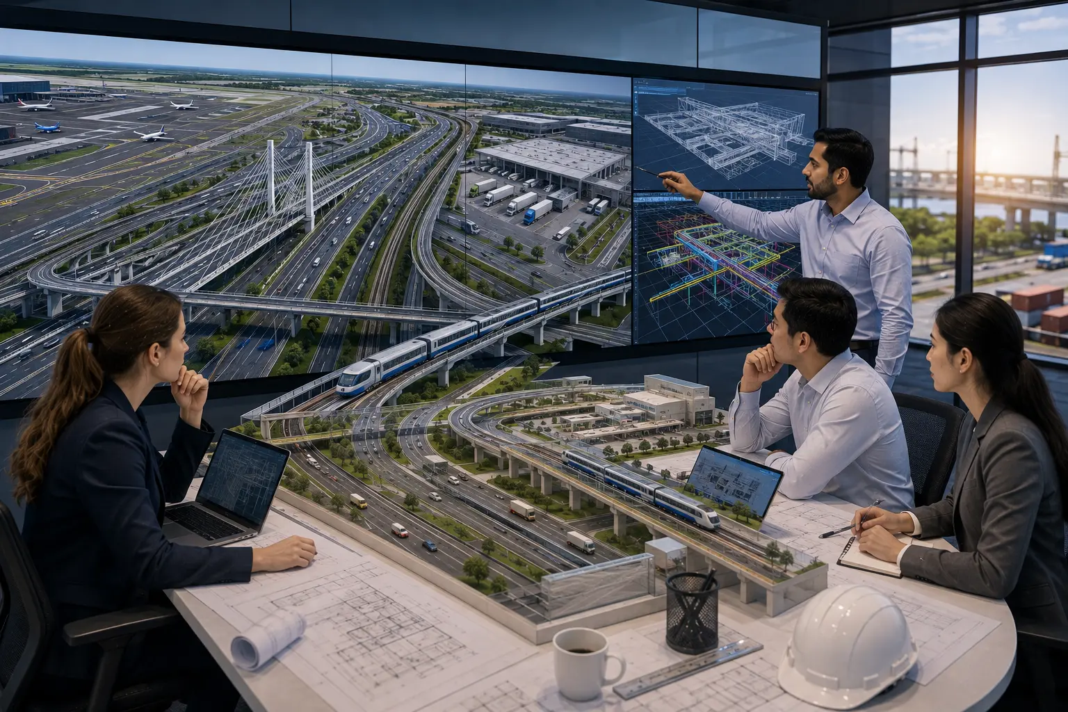 Transportation BIM coordination showing road rail bridge and logistics facility model review