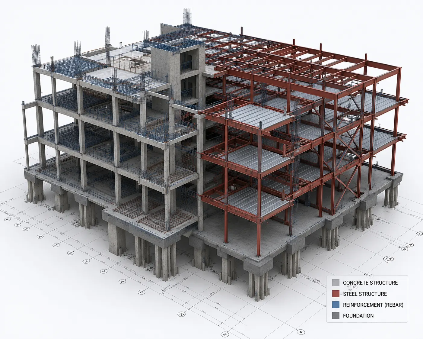 Structural BIM model showing steel concrete and structural building systems