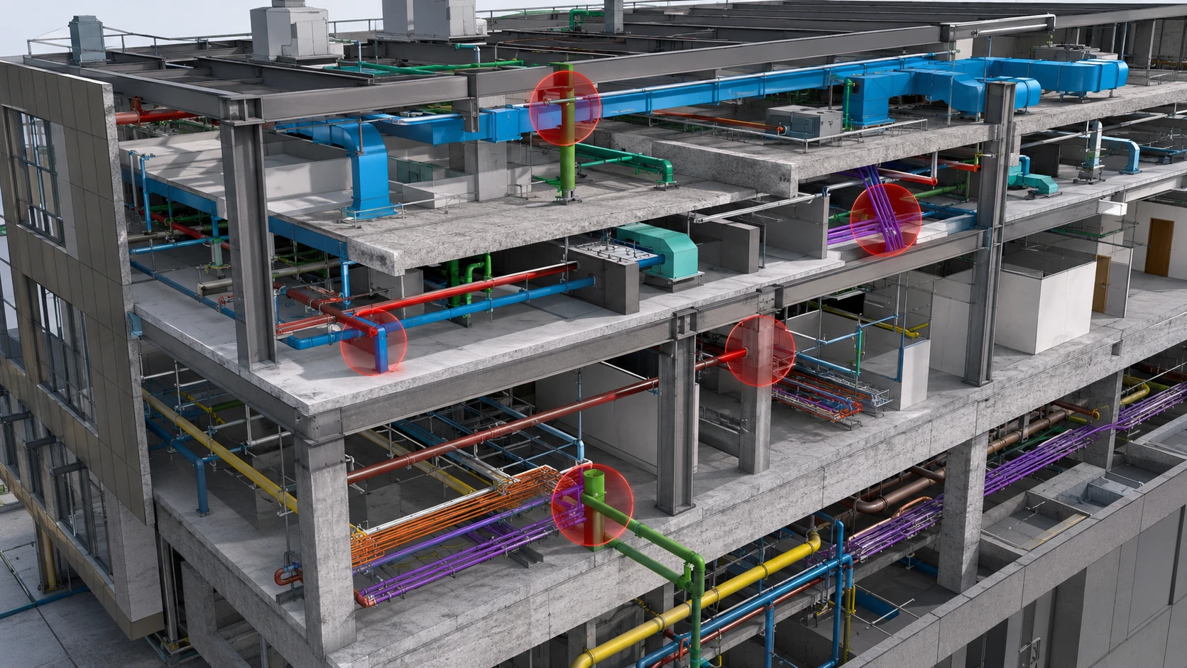 BIM clash detection model showing architectural structural and MEP coordination conflicts