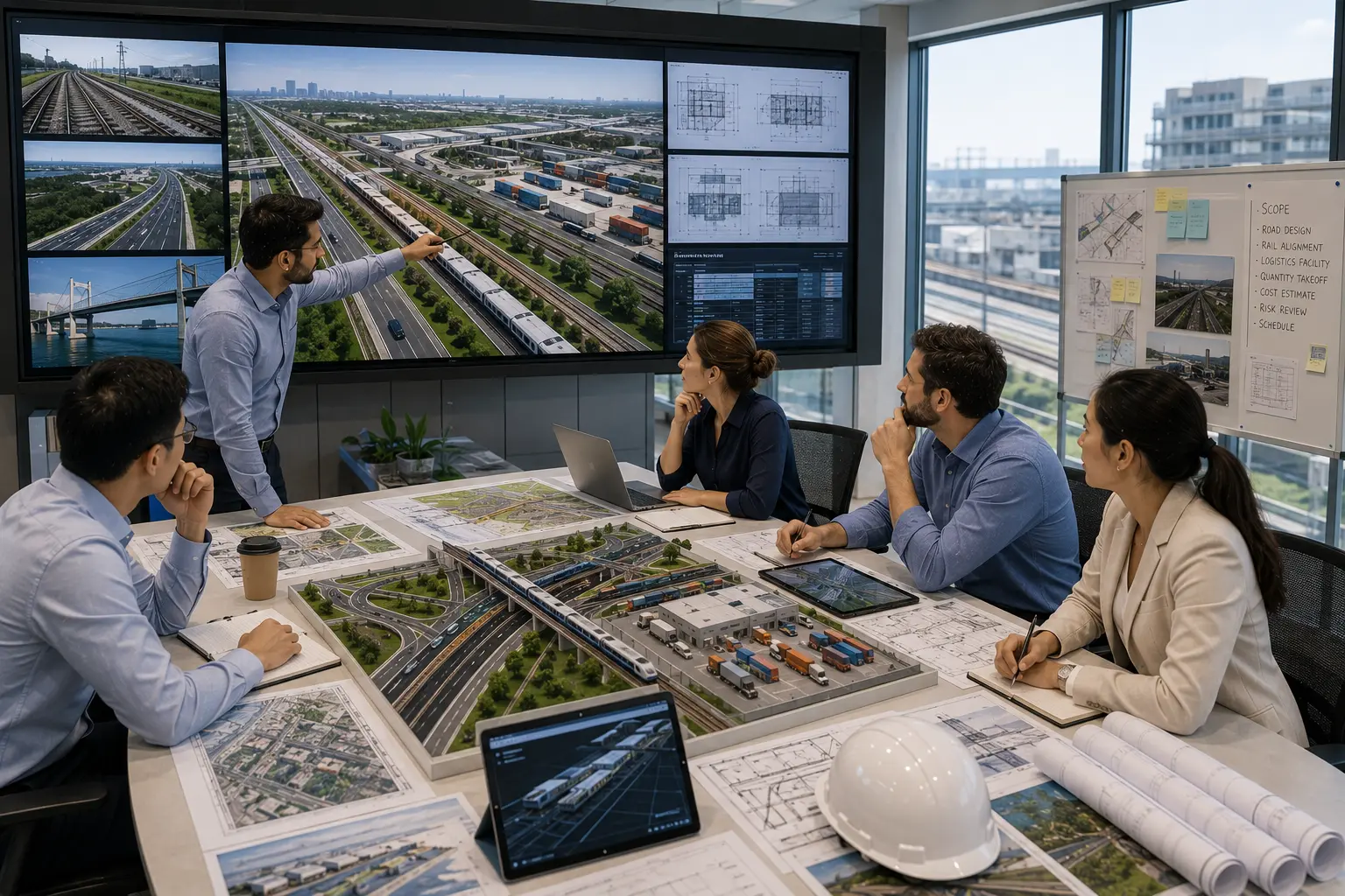 Transportation preconstruction team reviewing road rail and logistics project information