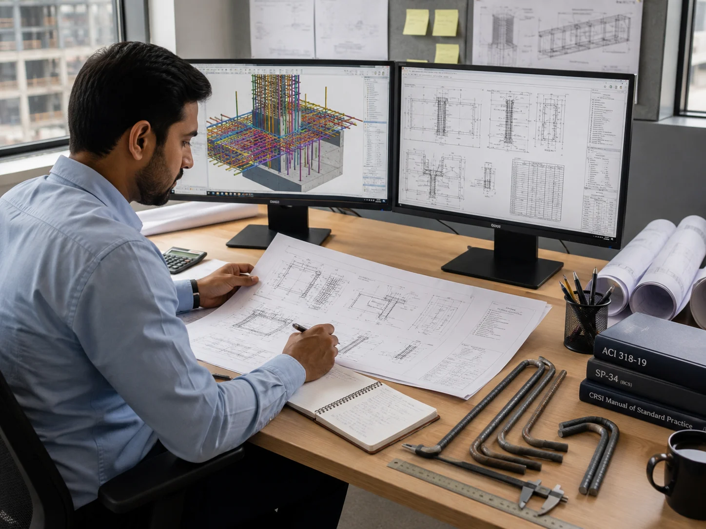 Structural engineer reviewing reinforcement drawings for rebar detailing