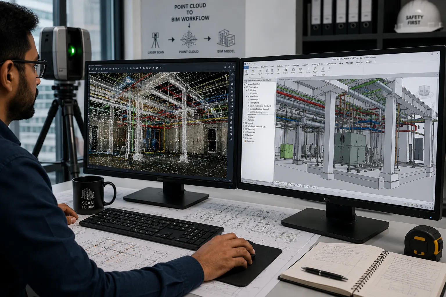 Point cloud specialist reviewing a scan based Revit BIM model for an existing building