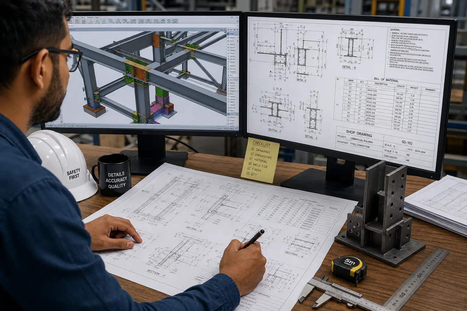 Fabrication detailer reviewing technical shop drawings and coordinated component model