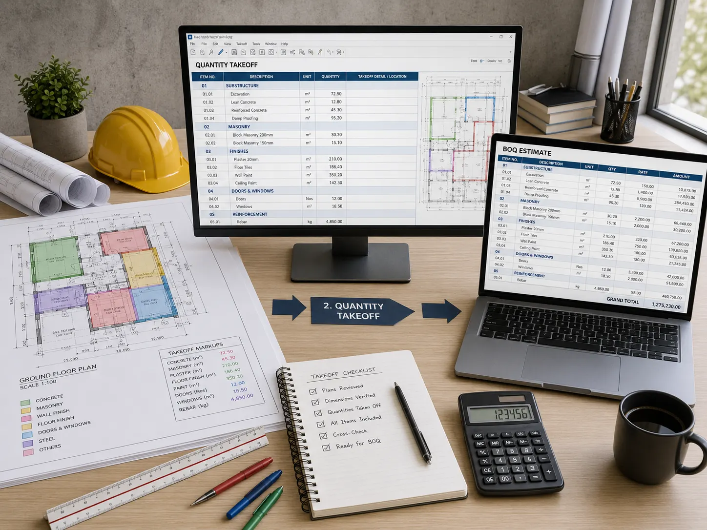 Construction quantity takeoff and BOQ estimating workflow