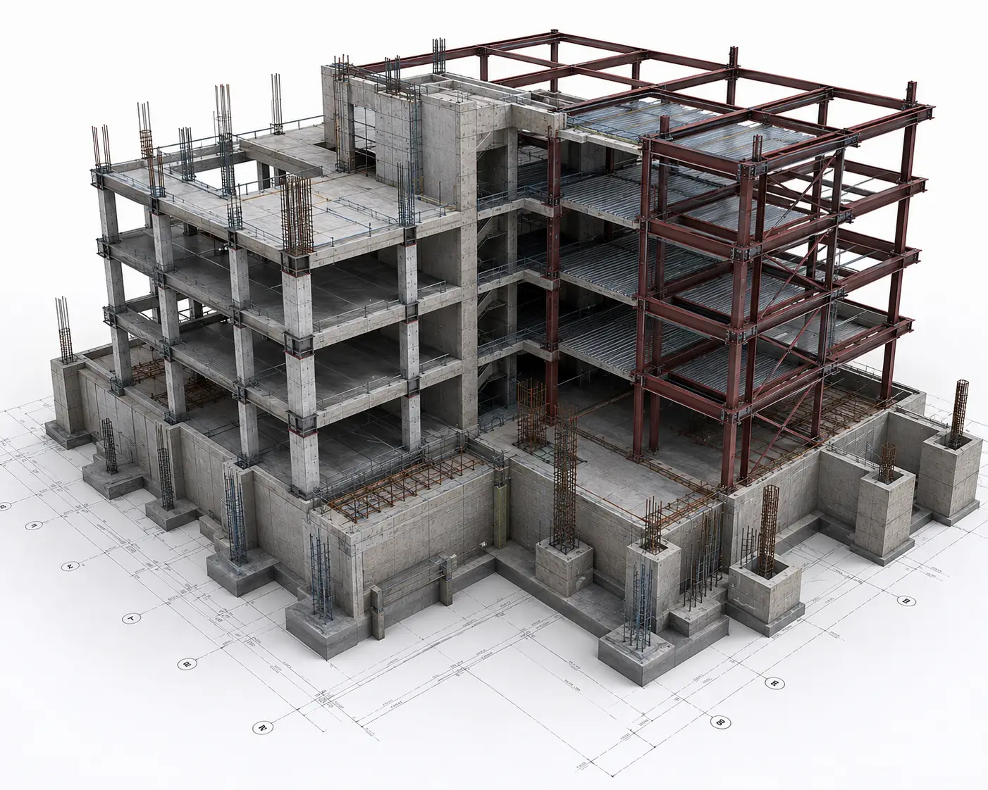 Structural BIM model showing framing foundations and structural systems