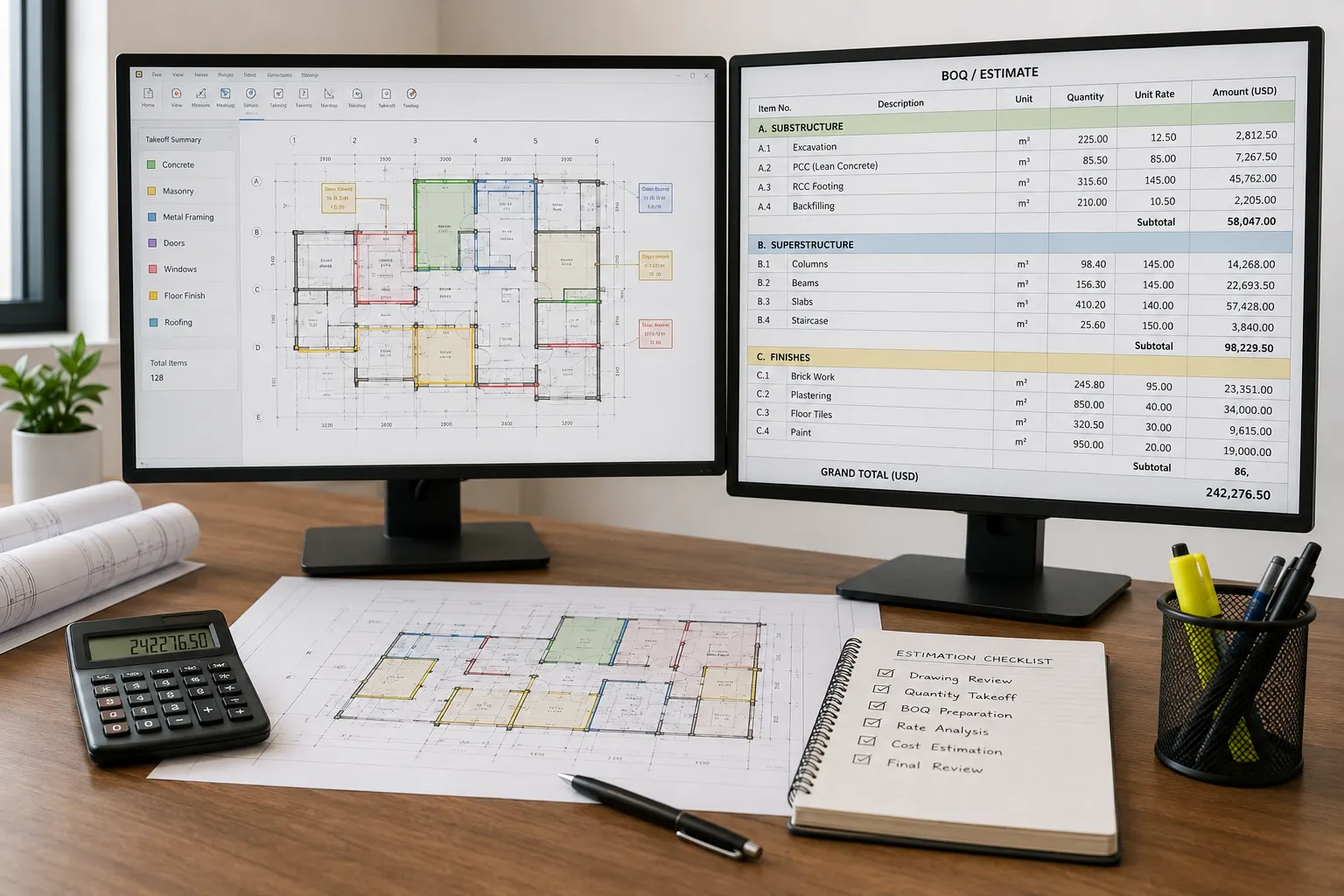 Construction quantity takeoff and BOQ estimating project review