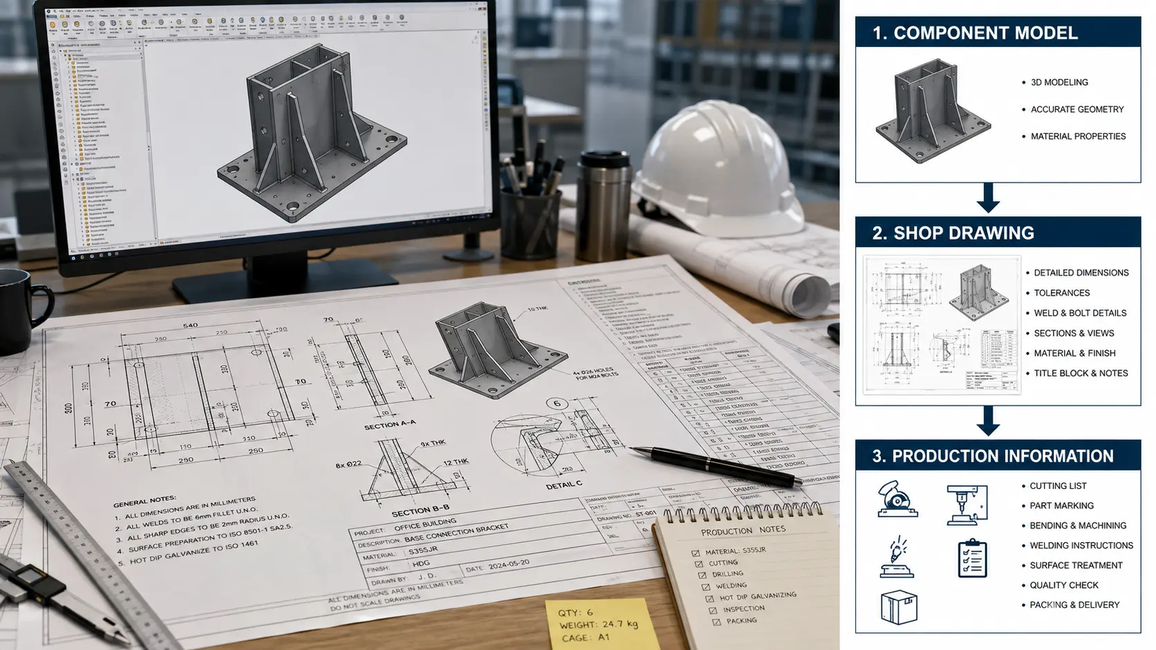 Fabrication drawing workflow showing detailed shop drawings component model dimensions and production information