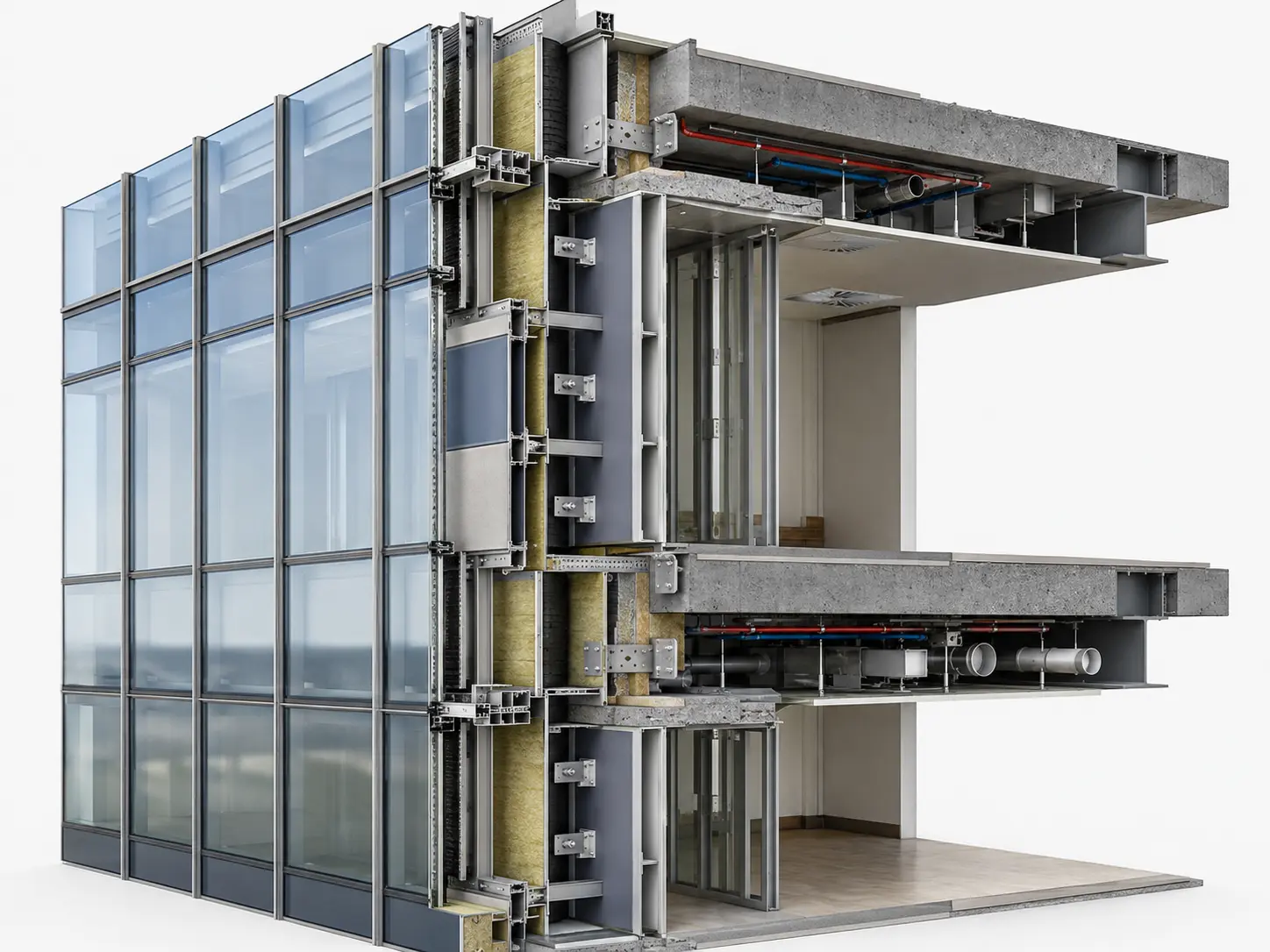 Facade BIM coordination model showing curtain wall structural slab and building system interfaces