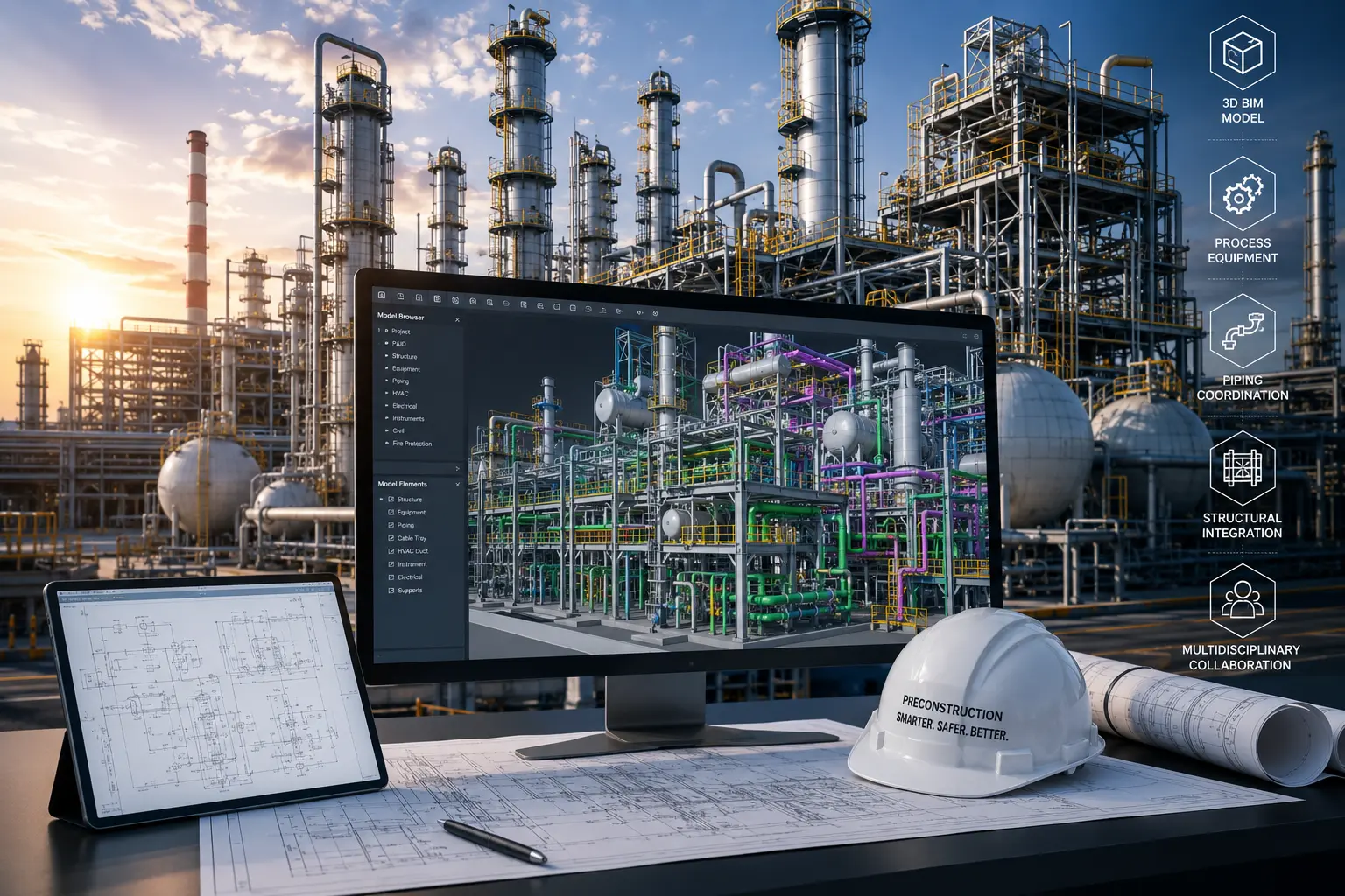 Petro-chemical BIM model showing piping process equipment and structural coordination