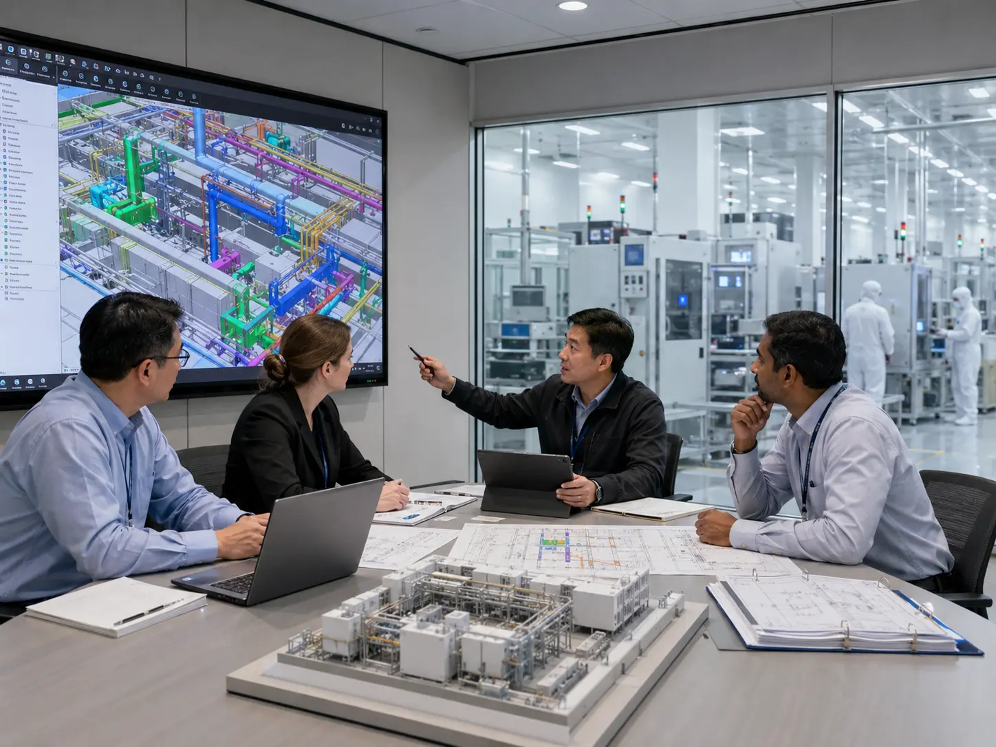 Semiconductor preconstruction team reviewing cleanroom BIM and project information