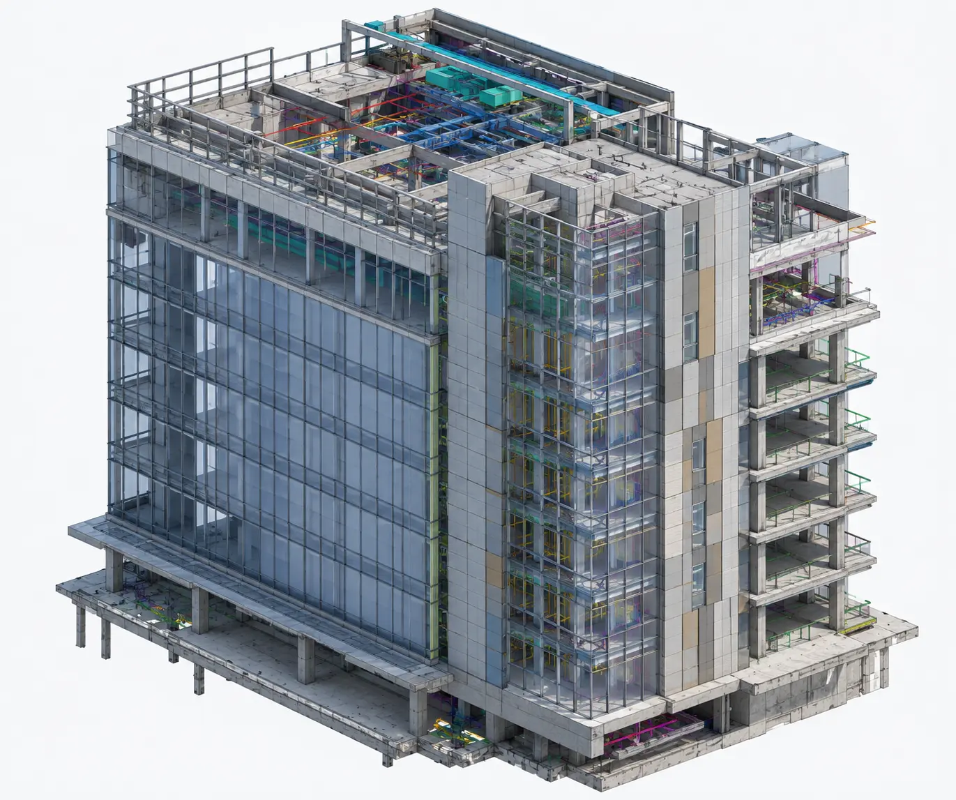 Facade BIM model showing curtain wall glazing cladding and coordinated building interfaces