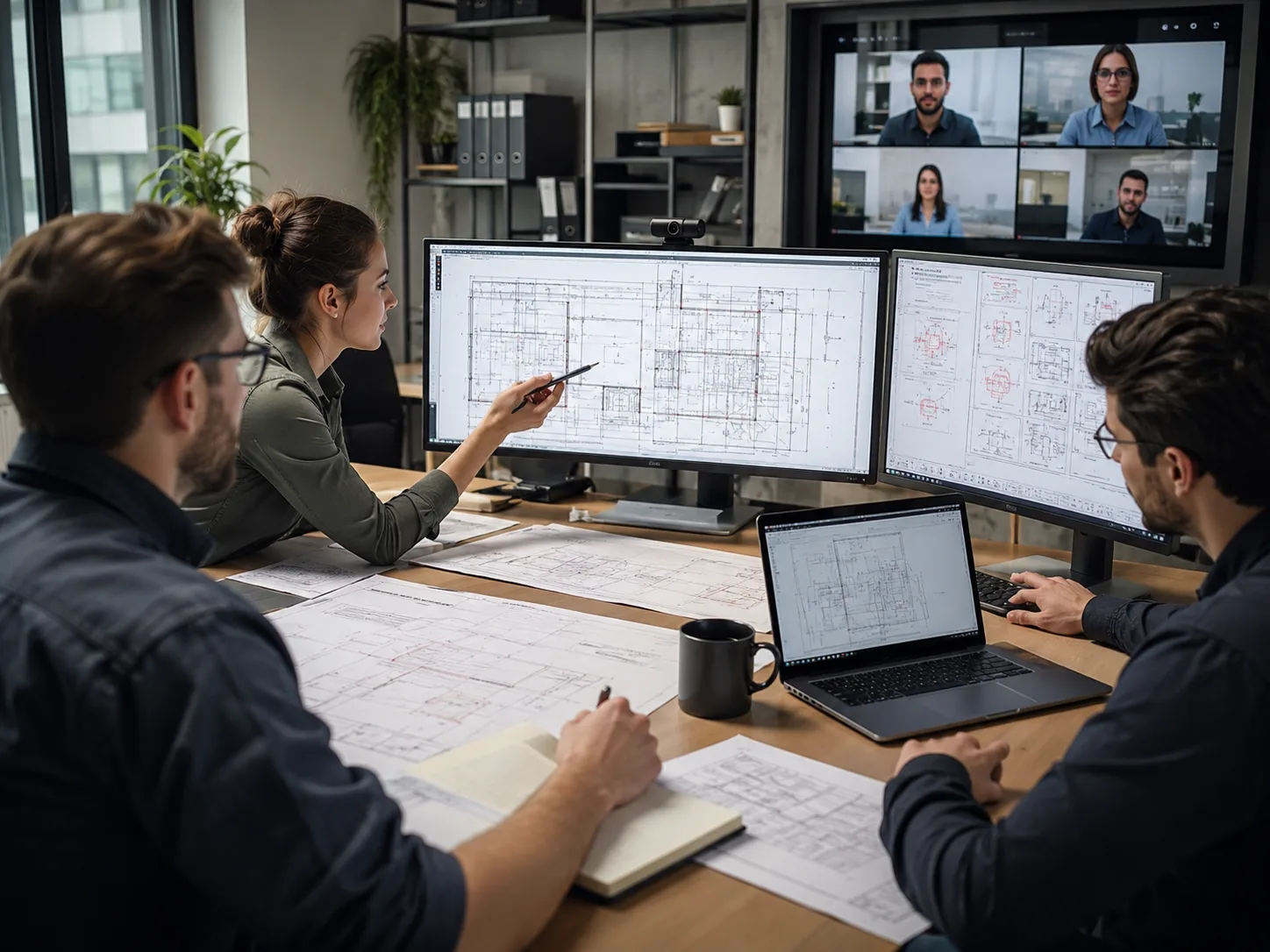 Remote CAD drafting professionals reviewing construction drawings and project revisions