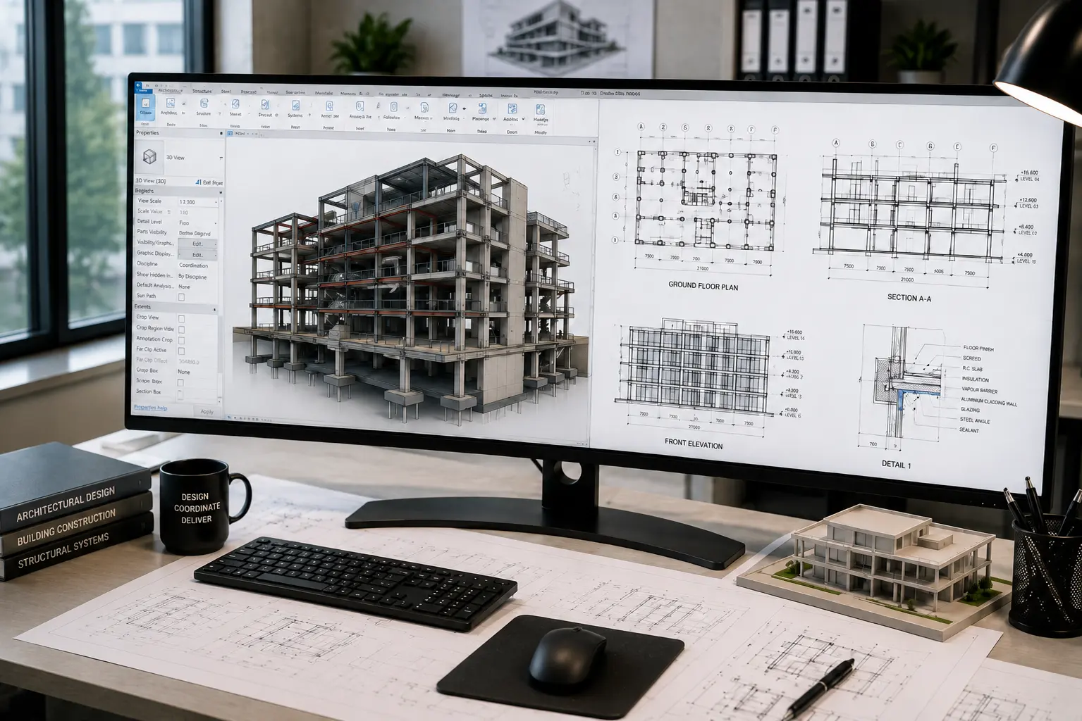 CAD specialist reviewing detailed three dimensional CAD geometry and technical project drawings