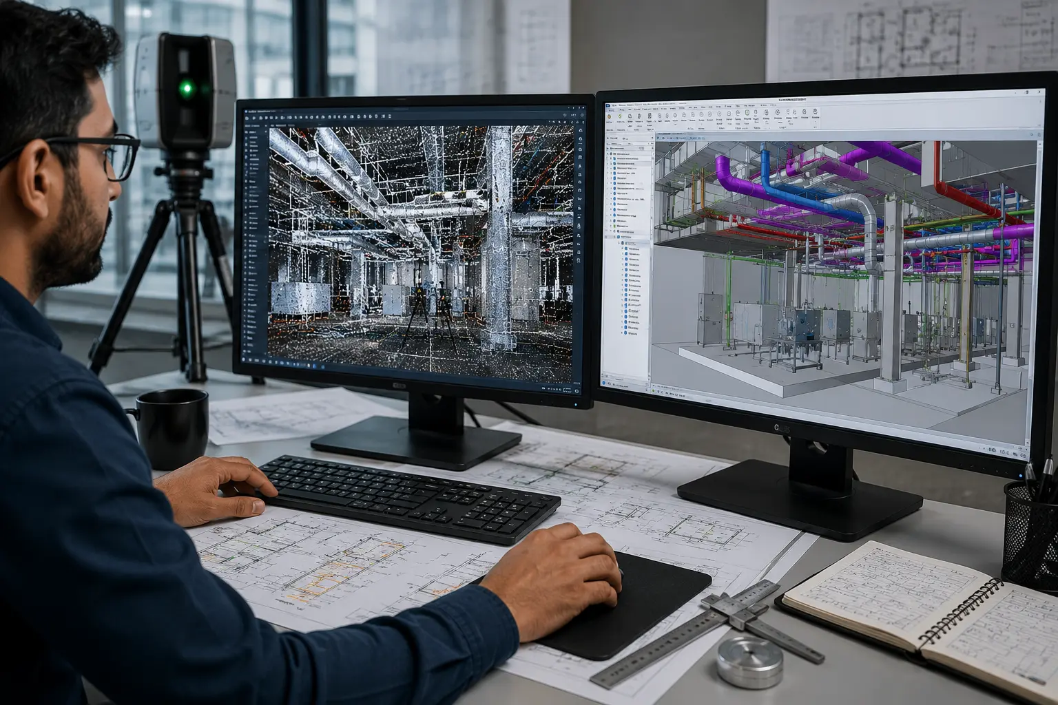 Point cloud modeling specialist reviewing laser scan data and a coordinated BIM model of existing conditions