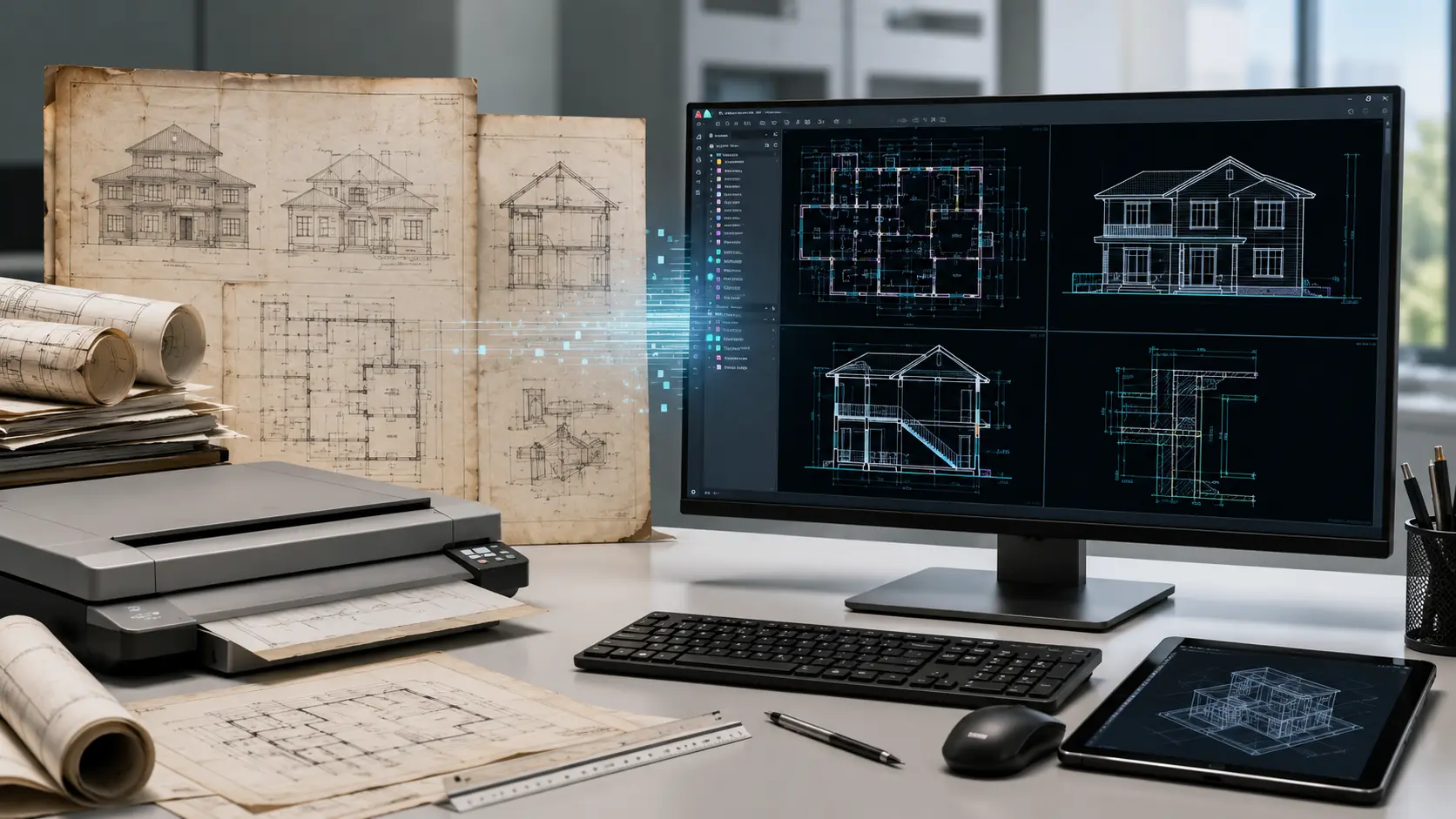 CAD conversion workflow showing source technical drawings converted into structured editable CAD files