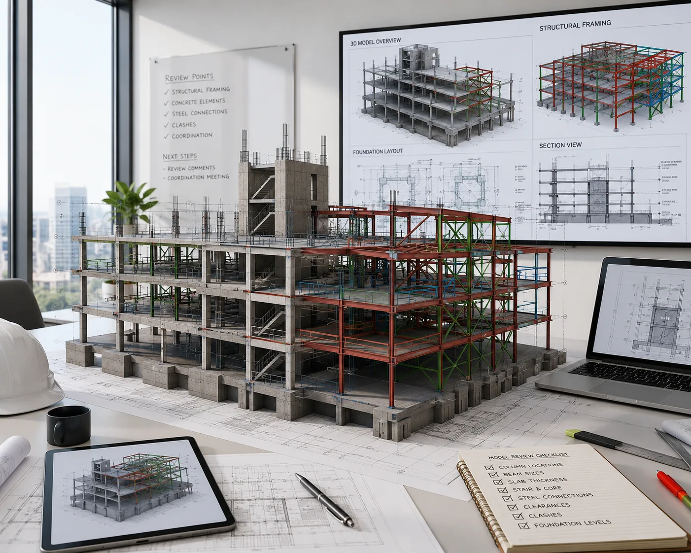 Structural BIM model review showing framing concrete and building structure