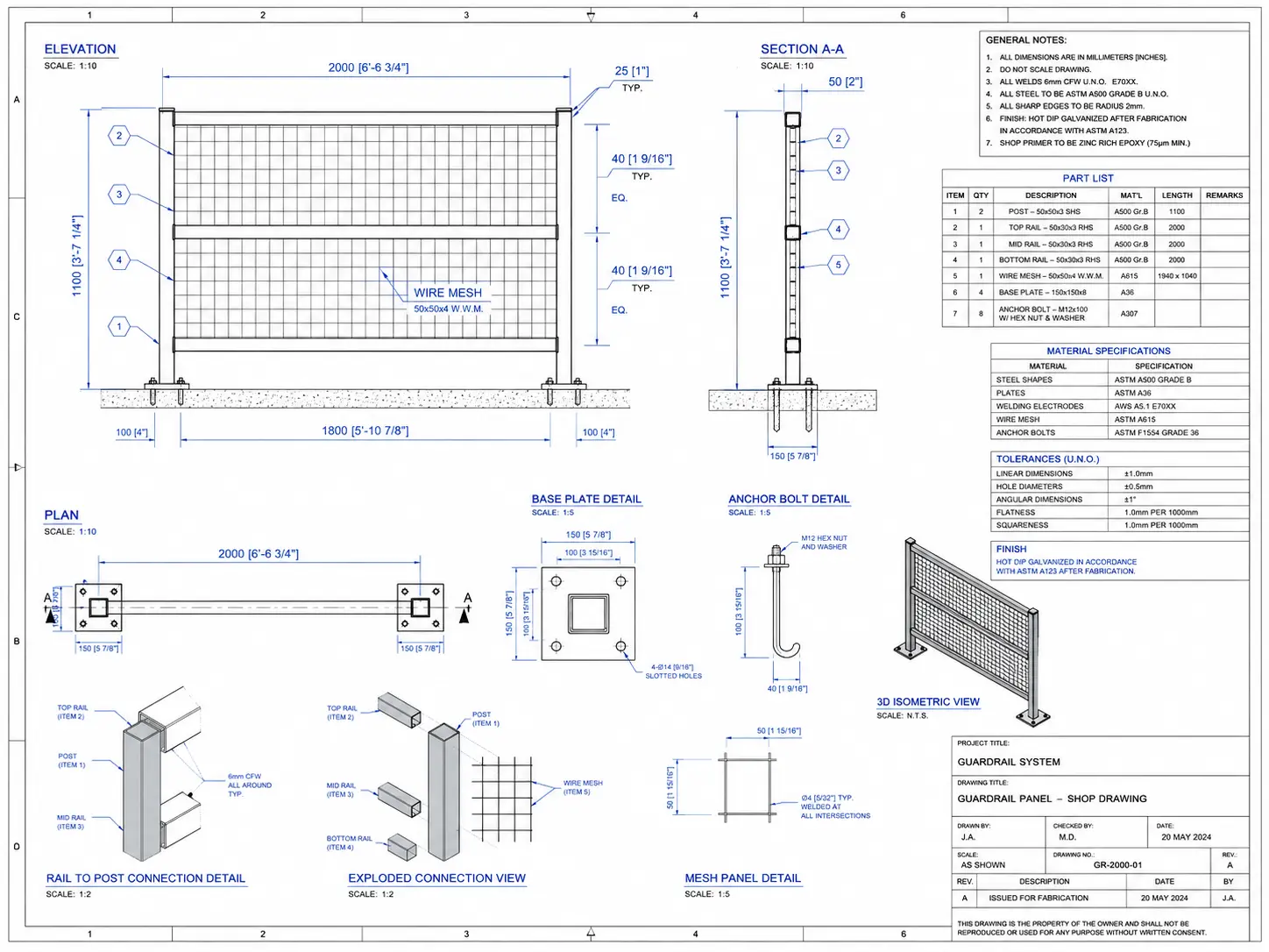 Fabrication drawing showing detailed construction components dimensions and production information