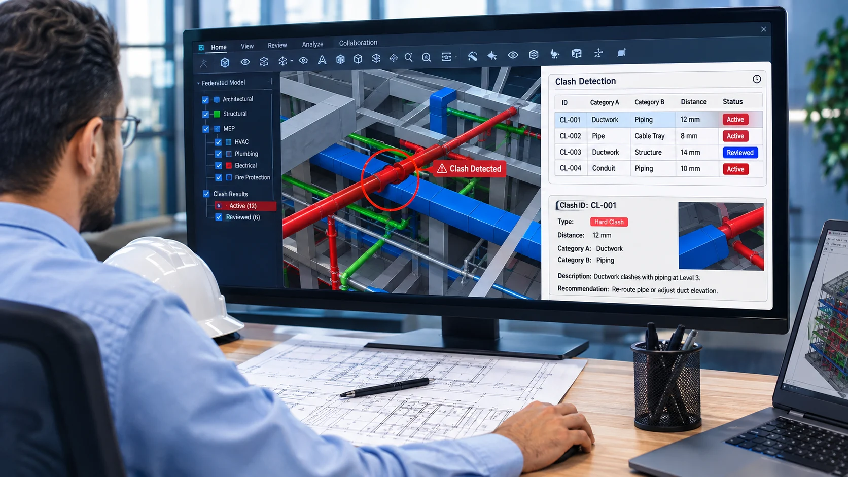 BIM specialist reviewing federated MEP model and clash detection issue