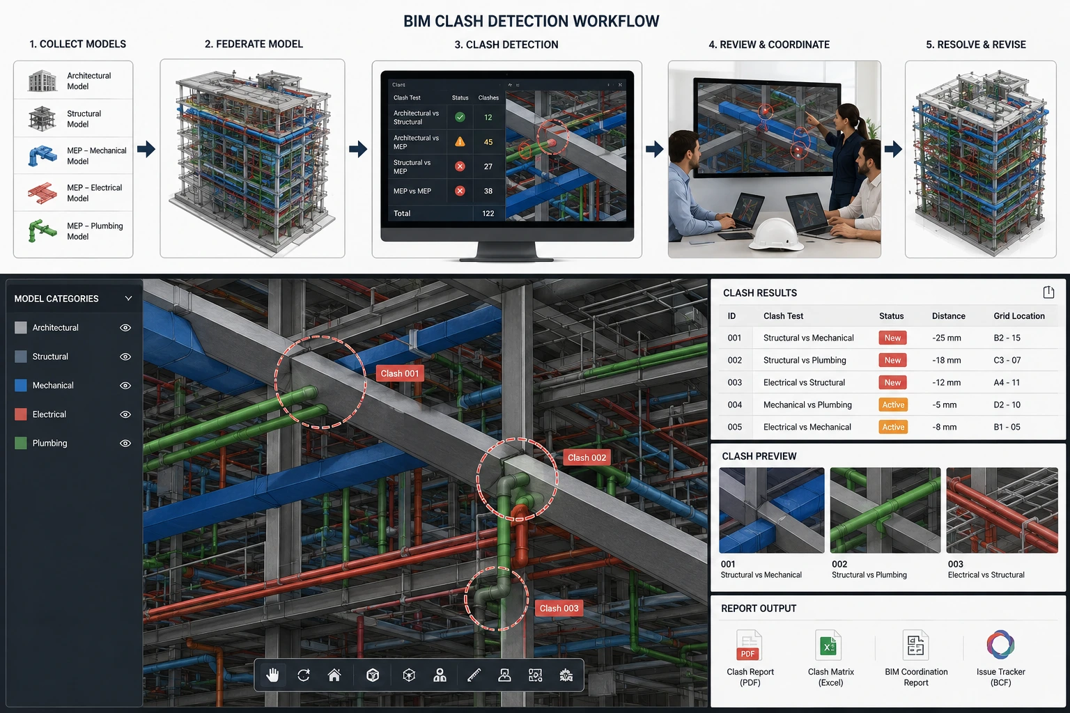BIM clash detection workflow showing federated MEP model review and coordination clash identification