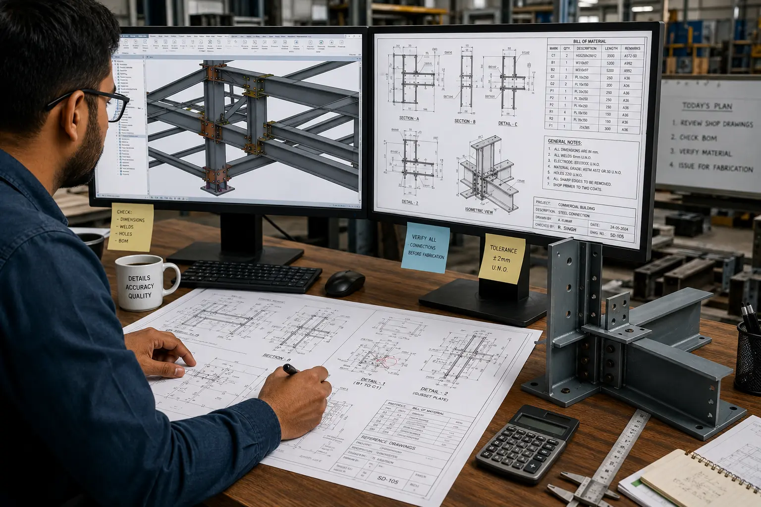 Fabrication detailer reviewing coordinated shop drawings and technical component documentation