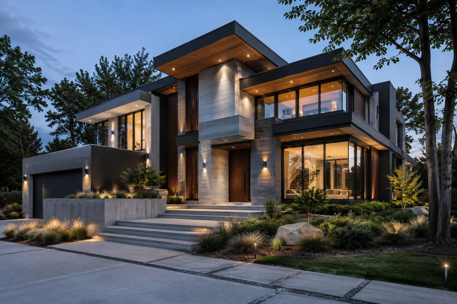 Photorealistic architectural rendering showing building materials lighting and exterior design