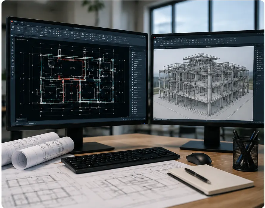 2D CAD drawings and 3D CAD modeling workstation for construction projects