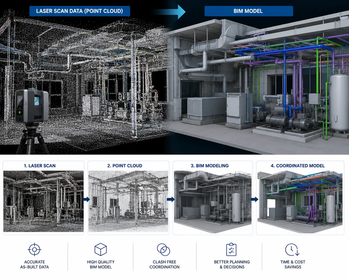 Point cloud to BIM model showing laser scan data converted into coordinated building geometry