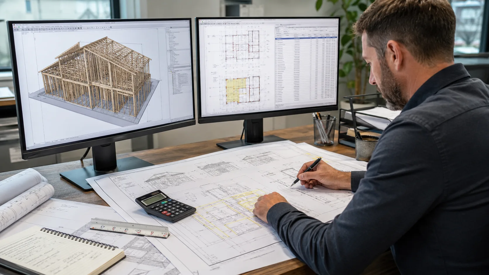 Estimator reviewing construction drawings and lumber takeoff project information