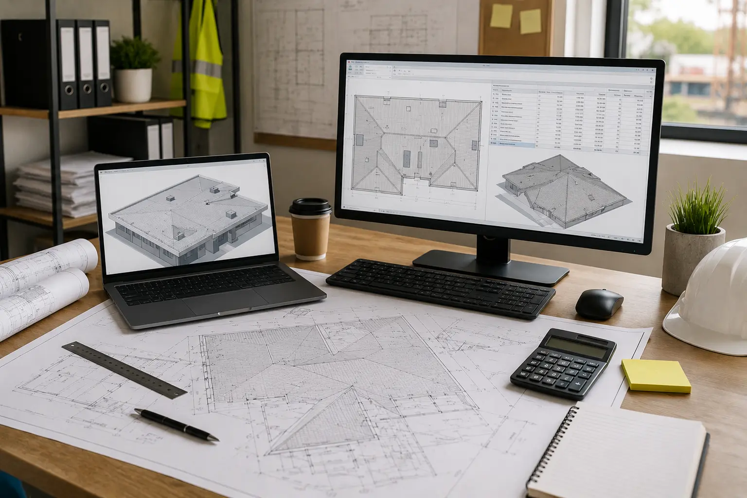Roofing estimating workflow with roof drawings, quantity takeoff and cost review