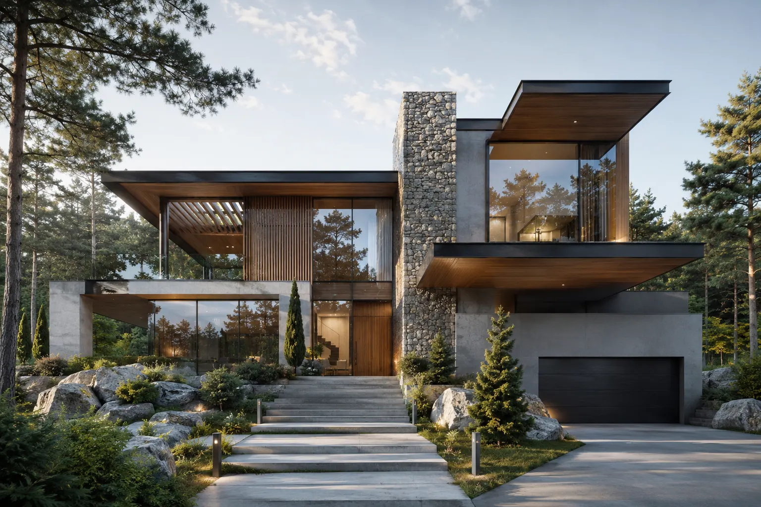 3D architectural rendering showing realistic materials lighting and exterior design