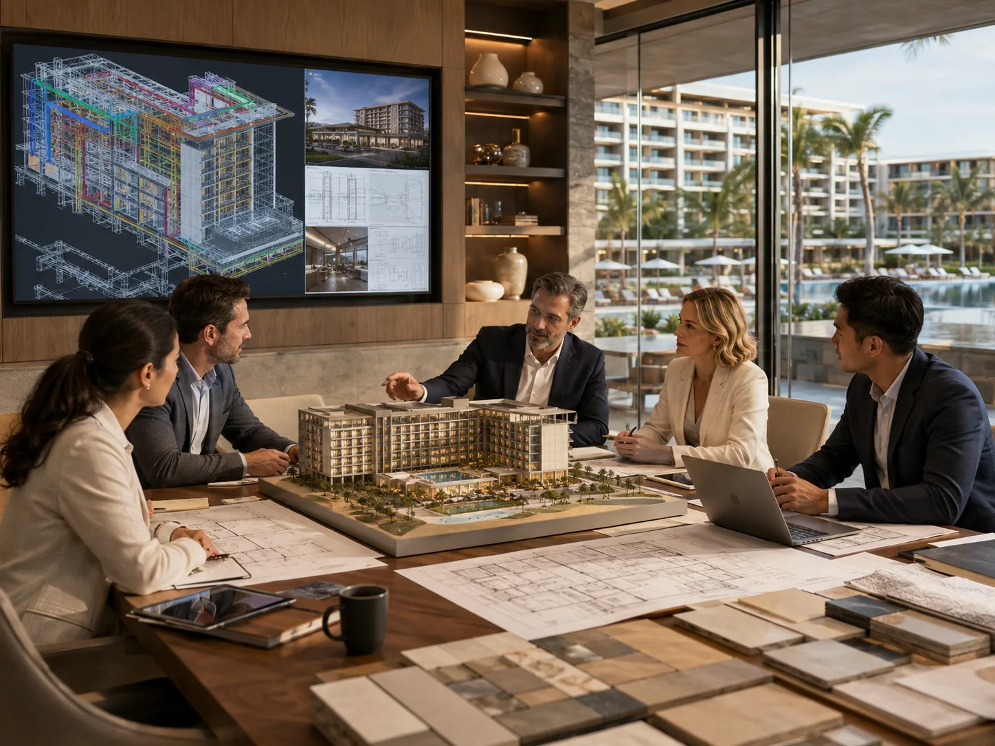 Hospitality preconstruction team reviewing hotel BIM and project information