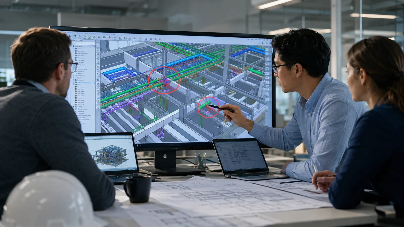 BIM coordination specialists reviewing federated MEP model and clash detection issues