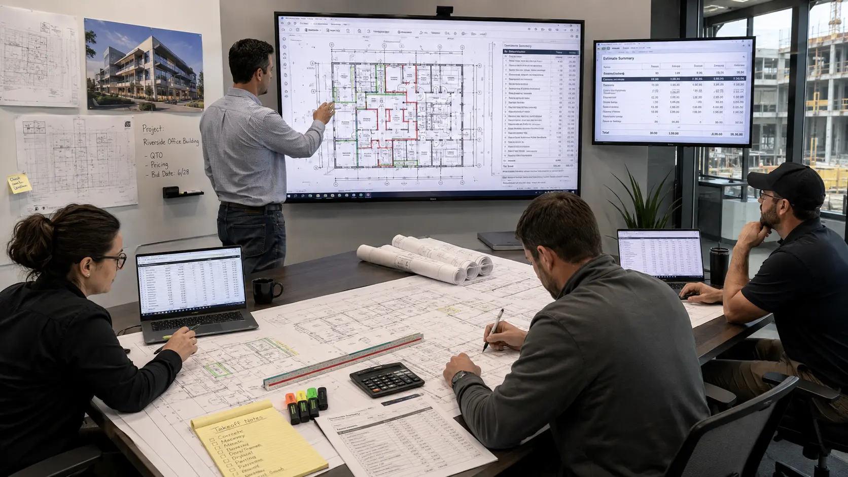 Preconstruction estimating workflow for reviewing construction drawings and project costs